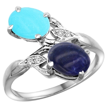 Picture of 10K White Gold Diamond Natural Turquoise & Lapis 2-stone Ring Oval 8x6mm, sizes 5 - 10