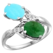 Picture of 10K White Gold Diamond Natural Turquoise & Cabochon Emerald 2-stone Ring Oval 8x6mm, sizes 5 - 10