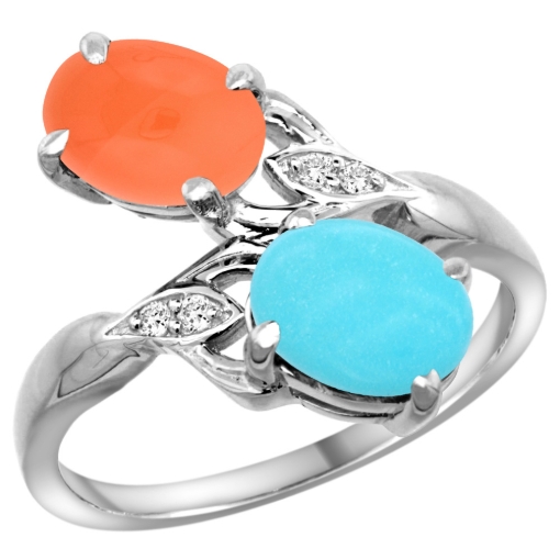 Picture of 10K White Gold Diamond Natural Turquoise & Orange Moonstone 2-stone Ring Oval 8x6mm, sizes 5 - 10