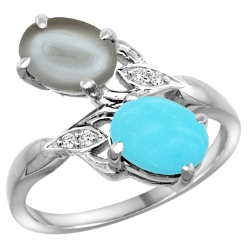 Picture of 10K White Gold Diamond Natural Turquoise & Gray Moonstone 2-stone Ring Oval 8x6mm, sizes 5 - 10