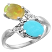 Picture of 10K White Gold Diamond Natural Turquoise & Ethiopian Opal 2-stone Mothers Ring Oval 8x6mm, size 5 - 10