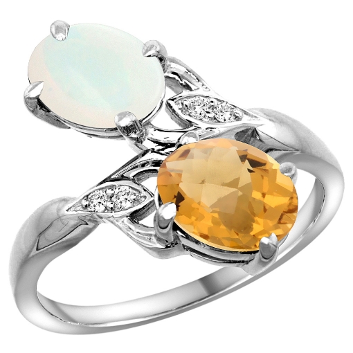 Picture of 10K White Gold Diamond Natural Opal & Whisky Quartz 2-stone Ring Oval 8x6mm, sizes 5 - 10