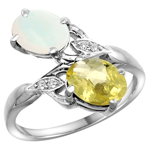 Picture of 10K White Gold Diamond Natural Opal & Lemon Quartz 2-stone Ring Oval 8x6mm, sizes 5 - 10