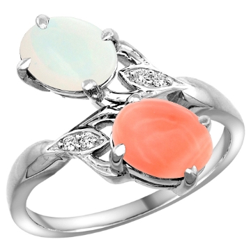 Picture of 10K White Gold Diamond Natural Opal & Coral 2-stone Ring Oval 8x6mm, sizes 5 - 10