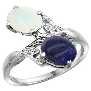 Picture of 10K White Gold Diamond Natural Opal & Lapis 2-stone Ring Oval 8x6mm, sizes 5 - 10