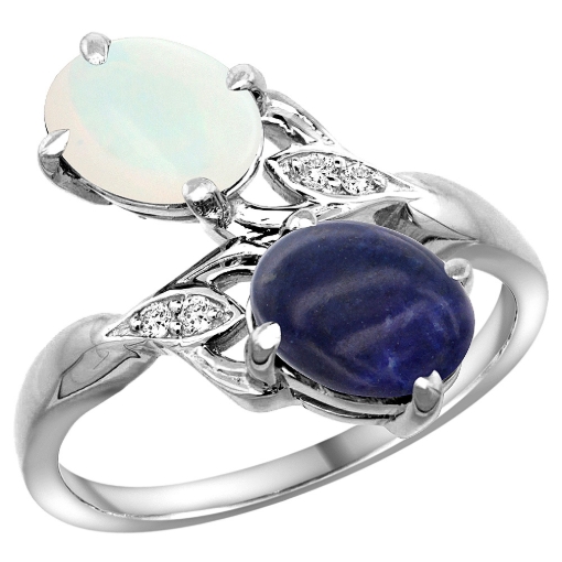 Picture of 10K White Gold Diamond Natural Opal & Lapis 2-stone Ring Oval 8x6mm, sizes 5 - 10