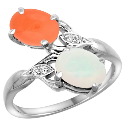 Picture of 10K White Gold Diamond Natural White Opal & Orange Moonstone 2-stone Ring Oval 8x6mm, sizes 5 - 10