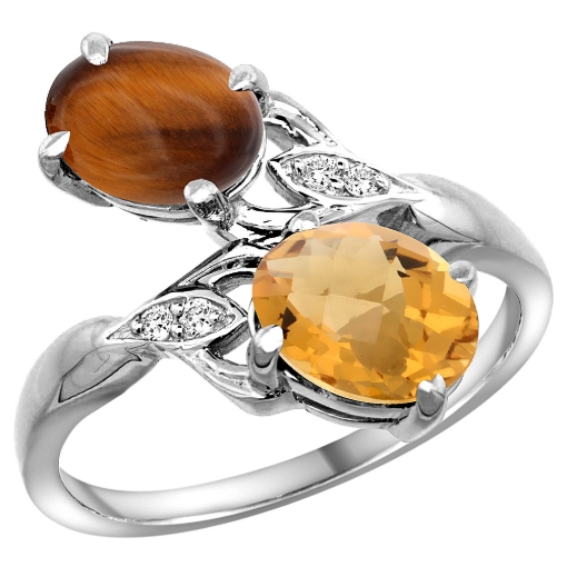 Picture of 10K White Gold Diamond Natural Tiger Eye & Whisky Quartz 2-stone Ring Oval 8x6mm, sizes 5 - 10