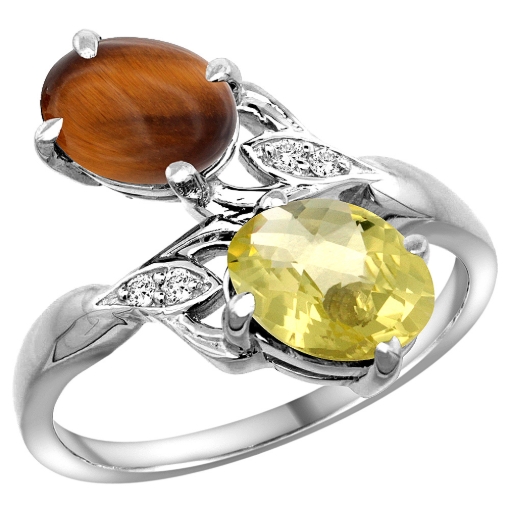 Picture of 10K White Gold Diamond Natural Tiger Eye & Lemon Quartz 2-stone Ring Oval 8x6mm, sizes 5 - 10