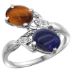 Picture of 10K White Gold Diamond Natural Tiger Eye & Lapis 2-stone Ring Oval 8x6mm, sizes 5 - 10