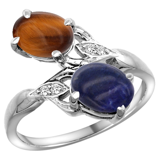 Picture of 10K White Gold Diamond Natural Tiger Eye & Lapis 2-stone Ring Oval 8x6mm, sizes 5 - 10