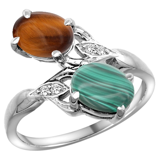 Picture of 10K White Gold Diamond Natural Tiger Eye & Malachite 2-stone Ring Oval 8x6mm, sizes 5 - 10