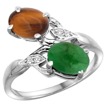 Picture of 10K White Gold Diamond Natural Tiger Eye & Cabochon Emerald 2-stone Ring Oval 8x6mm, sizes 5 - 10