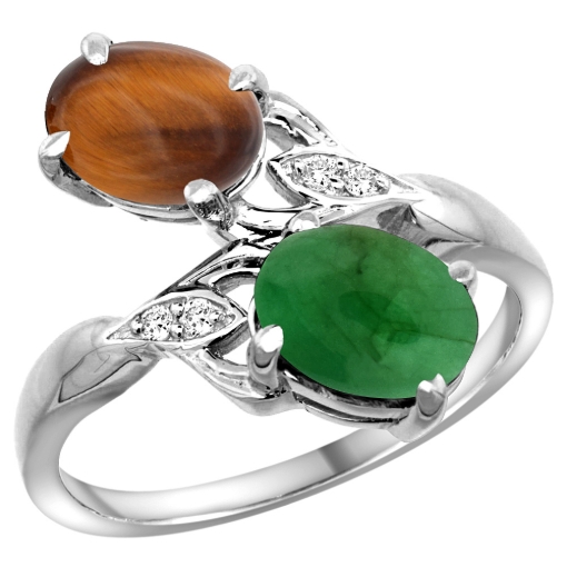 Picture of 10K White Gold Diamond Natural Tiger Eye & Cabochon Emerald 2-stone Ring Oval 8x6mm, sizes 5 - 10