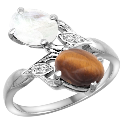 Picture of 10K White Gold Diamond Natural Tiger Eye & Rainbow Moonstone 2-stone Ring Oval 8x6mm, sizes 5 - 10