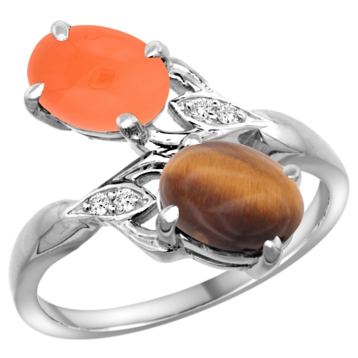 Picture of 10K White Gold Diamond Natural Tiger Eye & Orange Moonstone 2-stone Ring Oval 8x6mm, sizes 5 - 10