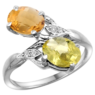 Picture of 10K White Gold Diamond Natural Whisky Quartz & Lemon Quartz 2-stone Ring Oval 8x6mm, sizes 5 - 10