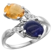 Picture of 10K White Gold Diamond Natural Whisky Quartz & Lapis 2-stone Ring Oval 8x6mm, sizes 5 - 10