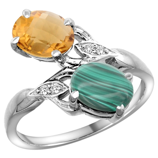 Picture of 10K White Gold Diamond Natural Whisky Quartz & Malachite 2-stone Ring Oval 8x6mm, sizes 5 - 10