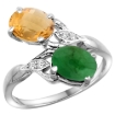 Picture of 10K White Gold Diamond Natural Whisky Quartz & Cabochon Emerald 2-stone Ring Oval 8x6mm, sizes 5 - 10