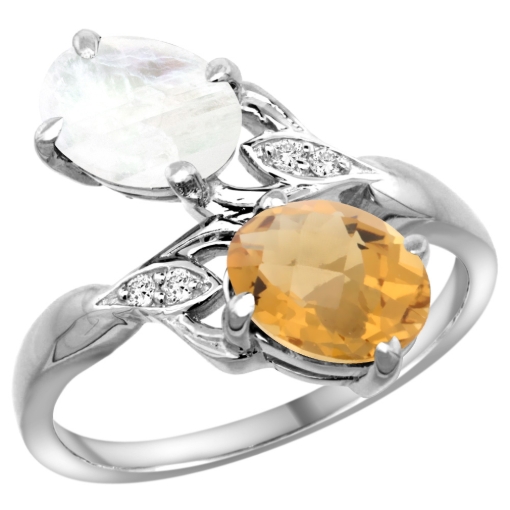 Picture of 10K White Gold Diamond Natural Whisky Quartz & Rainbow Moonstone 2-stone Ring Oval 8x6mm, sizes 5 - 10