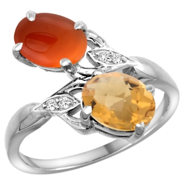 Picture of 10K White Gold Diamond Natural Whisky Quartz & Brown Agate 2-stone Ring Oval 8x6mm, sizes 5 - 10