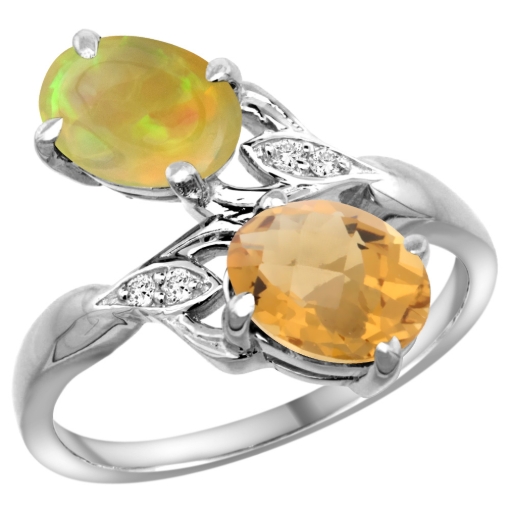 Picture of 10K White Gold Diamond Natural Whisky Quartz & Ethiopian Opal 2-stone Mothers Ring Oval 8x6mm, size 5-10