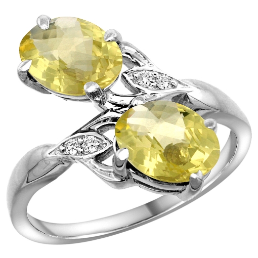 Picture of 10K White Gold Diamond Natural Lemon Quartz 2-stone Ring Oval 8x6mm, sizes 5 - 10