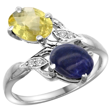 Picture of 10K White Gold Diamond Natural Lemon Quartz & Lapis 2-stone Ring Oval 8x6mm, sizes 5 - 10