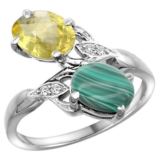 Picture of 10K White Gold Diamond Natural Lemon Quartz & Malachite 2-stone Ring Oval 8x6mm, sizes 5 - 10