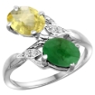 Picture of 10K White Gold Diamond Natural Lemon Quartz & Cabochon Emerald 2-stone Ring Oval 8x6mm, sizes 5 - 10