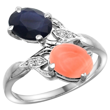 Picture of 10K White Gold Diamond Natural Australian Sapphire & Coral 2-stone Ring Oval 8x6mm, sizes 5 - 10