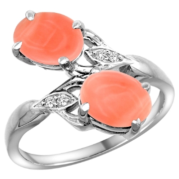 Picture of 10K White Gold Diamond Natural Coral 2-stone Ring Oval 8x6mm, sizes 5 - 10