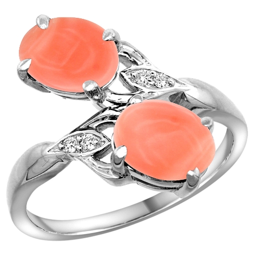 Picture of 10K White Gold Diamond Natural Coral 2-stone Ring Oval 8x6mm, sizes 5 - 10