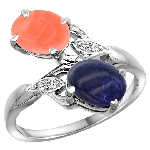 Picture of 10K White Gold Diamond Natural Coral & Lapis 2-stone Ring Oval 8x6mm, sizes 5 - 10