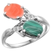 Picture of 10K White Gold Diamond Natural Coral & Malachite 2-stone Ring Oval 8x6mm, sizes 5 - 10