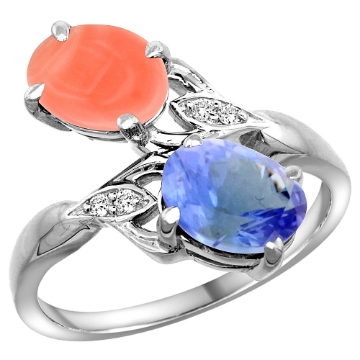 Picture of 10K White Gold Diamond Natural Coral & Tanzanite 2-stone Ring Oval 8x6mm, sizes 5 - 10