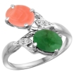 Picture of 10K White Gold Diamond Natural Coral & Cabochon Emerald 2-stone Ring Oval 8x6mm, sizes 5 - 10