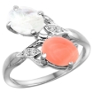 Picture of 10K White Gold Diamond Natural Coral & Rainbow Moonstone 2-stone Ring Oval 8x6mm, sizes 5 - 10