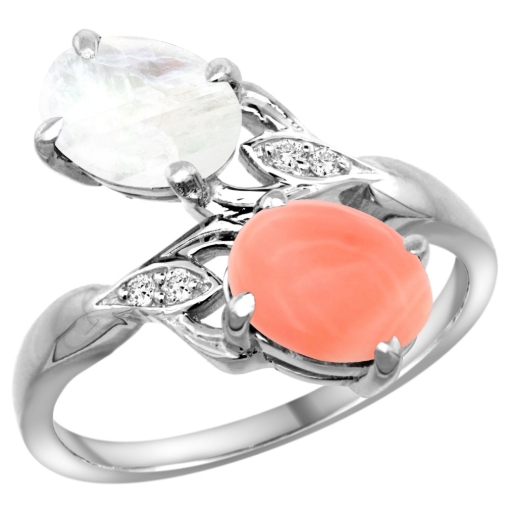 Picture of 10K White Gold Diamond Natural Coral & Rainbow Moonstone 2-stone Ring Oval 8x6mm, sizes 5 - 10