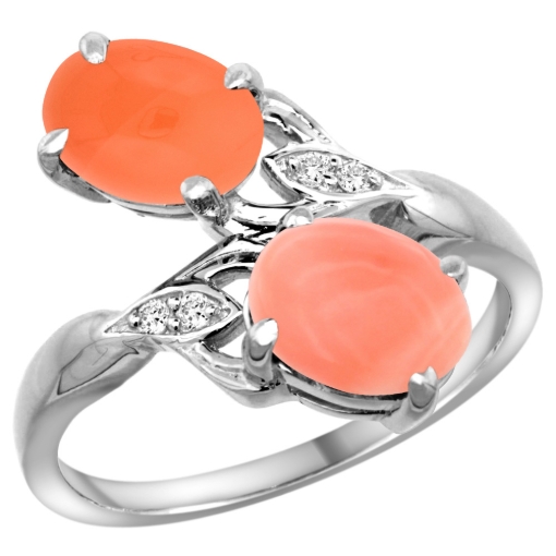 Picture of 10K White Gold Diamond Natural Coral & Orange Moonstone 2-stone Ring Oval 8x6mm, sizes 5 - 10