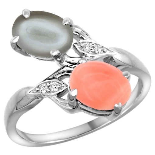 Picture of 10K White Gold Diamond Natural Coral & Gray Moonstone 2-stone Ring Oval 8x6mm, sizes 5 - 10