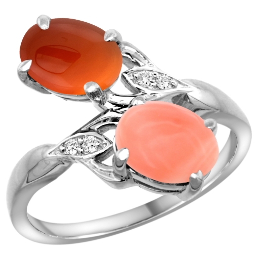 Picture of 10K White Gold Diamond Natural Coral & Brown Agate 2-stone Ring Oval 8x6mm, sizes 5 - 10