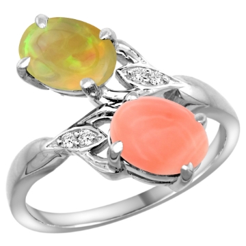 Picture of 10K White Gold Diamond Natural Coral & Ethiopian Opal 2-stone Mothers Ring Oval 8x6mm, size 5 - 10