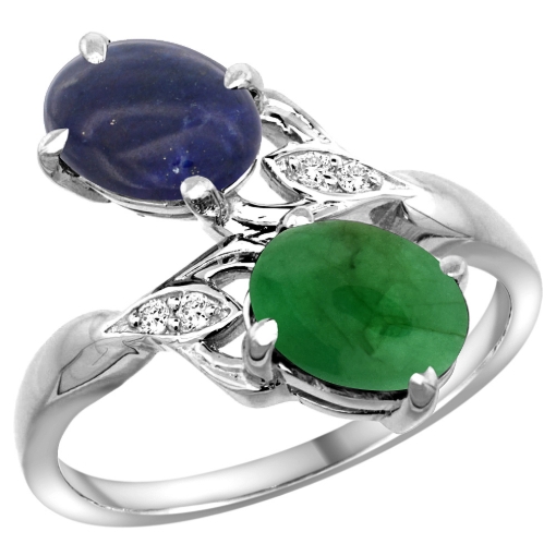 Picture of 10K White Gold Diamond Natural Lapis & Cabochon Emerald 2-stone Ring Oval 8x6mm, sizes 5 - 10