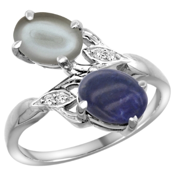 Picture of 10K White Gold Diamond Natural Lapis & Gray Moonstone 2-stone Ring Oval 8x6mm, sizes 5 - 10
