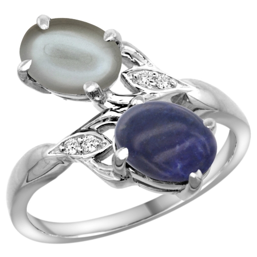 Picture of 10K White Gold Diamond Natural Lapis & Gray Moonstone 2-stone Ring Oval 8x6mm, sizes 5 - 10