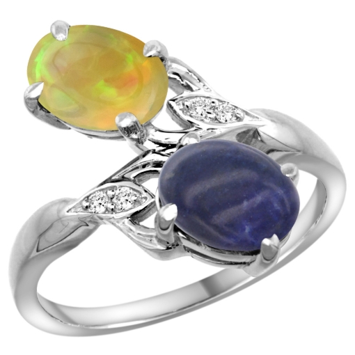 Picture of 10K White Gold Diamond Natural Lapis & Ethiopian Opal 2-stone Mothers Ring Oval 8x6mm, size 5 - 10