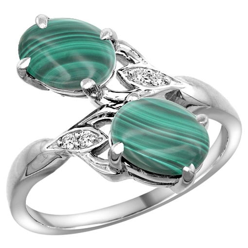 Picture of 10K White Gold Diamond Natural Malachite 2-stone Ring Oval 8x6mm, sizes 5 - 10