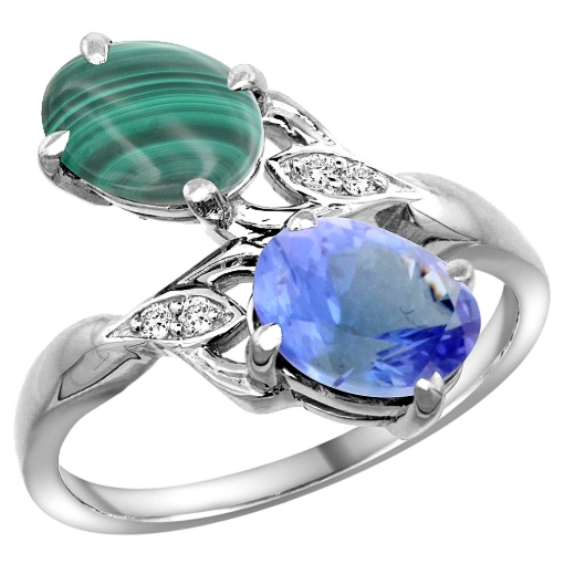 Picture of 10K White Gold Diamond Natural Malachite & Tanzanite 2-stone Ring Oval 8x6mm, sizes 5 - 10